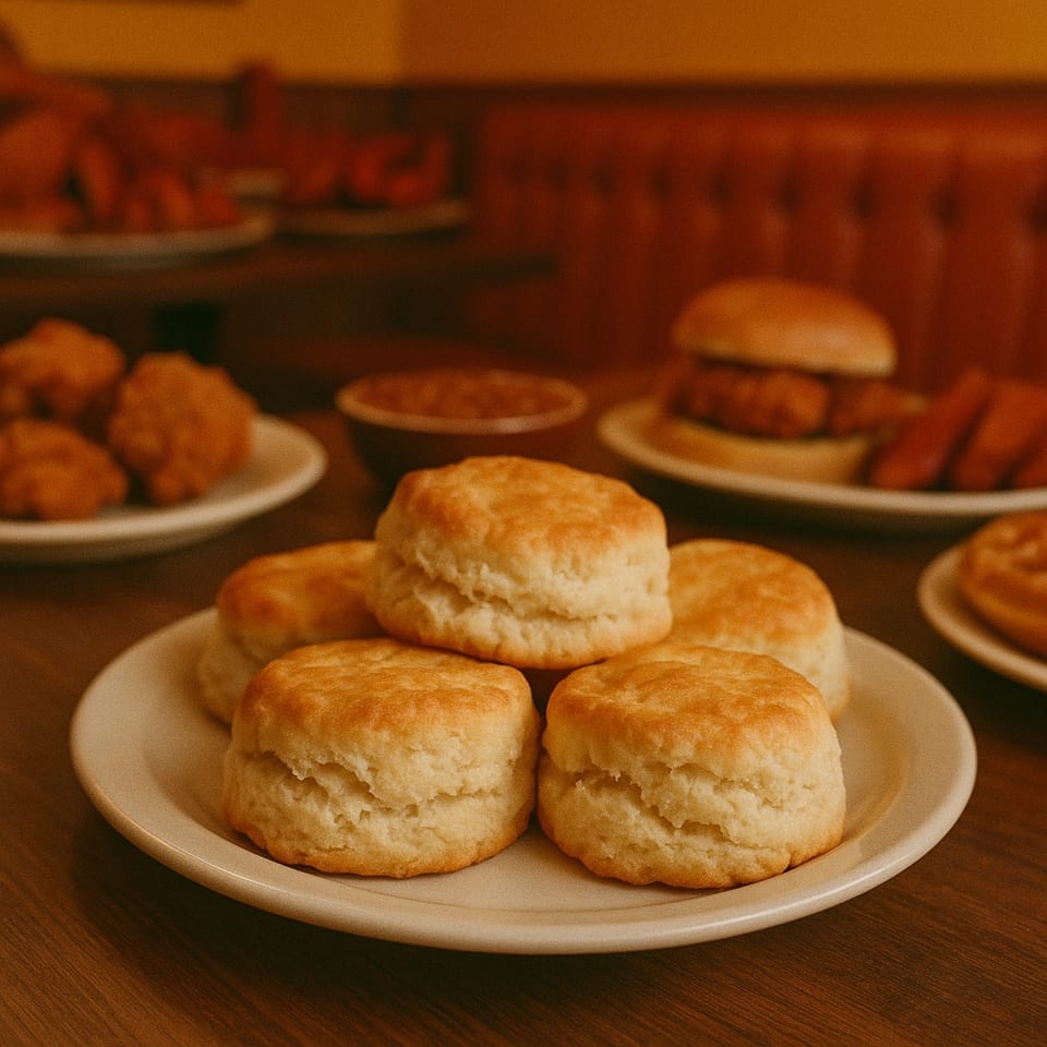 A plate of golden-brown biscuits with fried chicken and other dishes blurred in the background.
