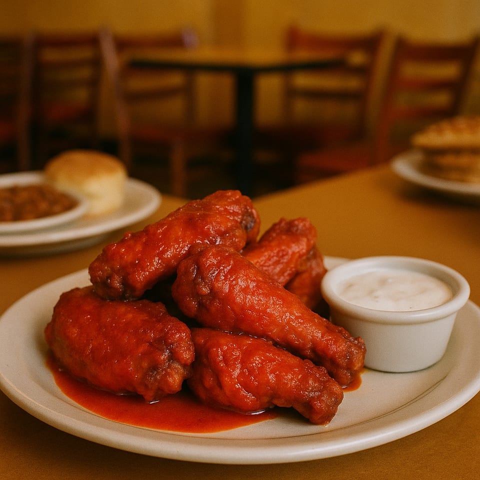 Plate of Dixie Fried Chicken's red-sauced chicken wings with a side of ranch dressing.