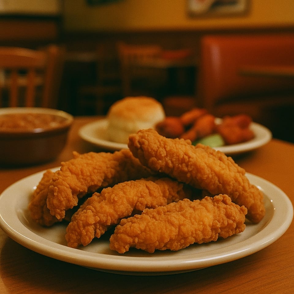Crispy fried chicken tenders on a white plate with sides and a biscuit in a Dixie Fried Chicken restaurant.