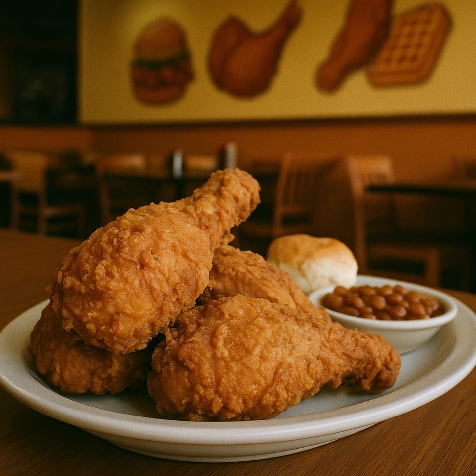 Dixie Fried Chicken meal with crispy drumsticks, a biscuit, and baked beans on a plate.