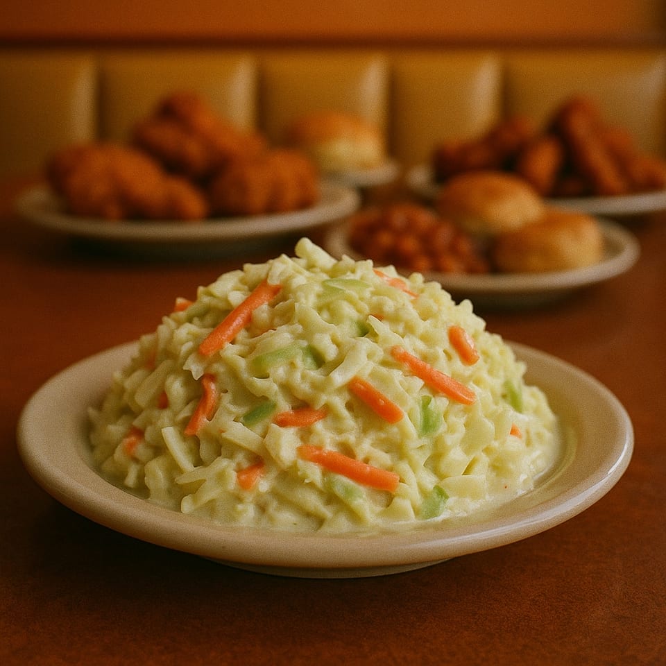 Creamy coleslaw with carrots and cabbage, with fried chicken and sides blurred in the background.